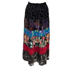Velvet Maxi Skirt Chicos 0 (US Small) Black Silk Blend Burnout Patchwork Boho